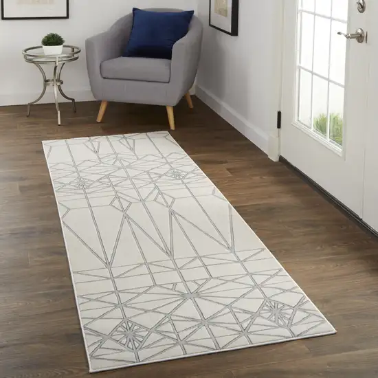 8' White Silver And Gray Geometric Stain Resistant Runner Rug Photo 4