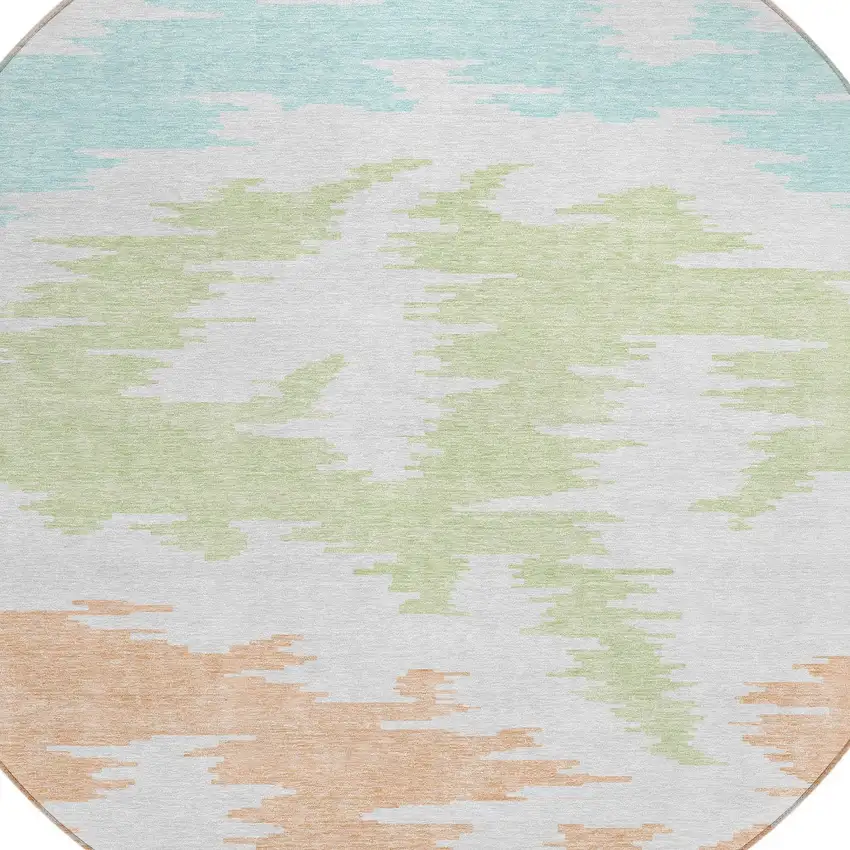 8' White Sky Blue And Artichoke Green Round Abstract Washable Indoor Outdoor Area Rug Photo 5