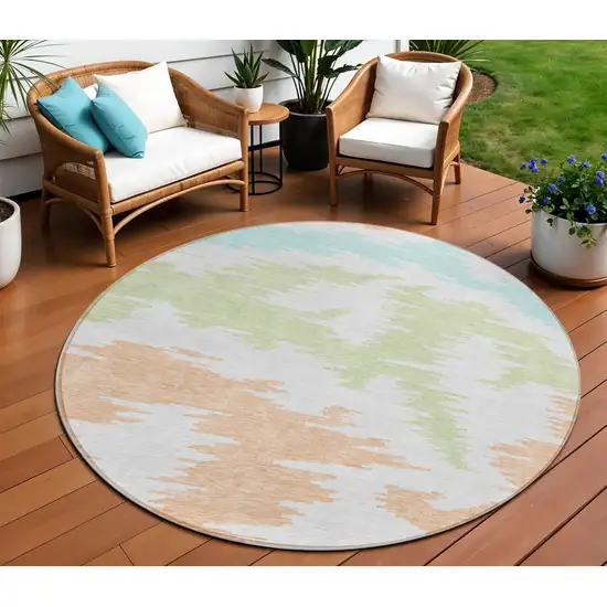 8' White Sky Blue And Artichoke Green Round Abstract Washable Indoor Outdoor Area Rug Photo 1