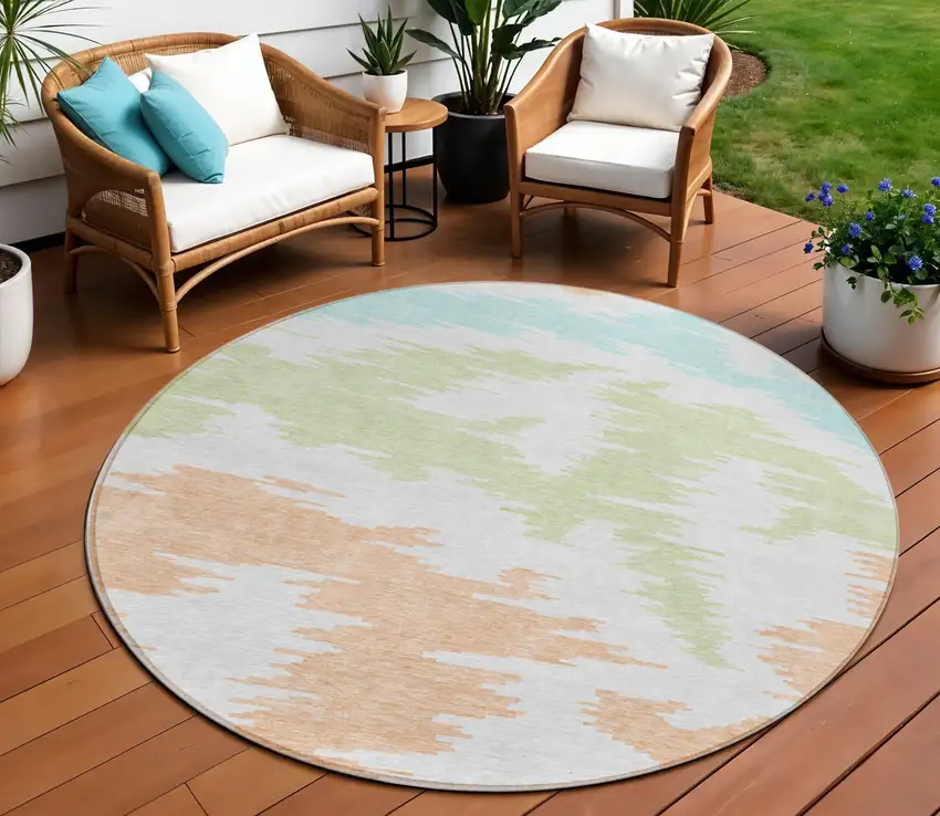 8' White Sky Blue And Artichoke Green Round Abstract Washable Indoor Outdoor Area Rug Photo 1