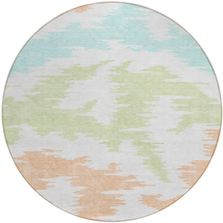 8' White Sky Blue And Artichoke Green Round Abstract Washable Indoor Outdoor Area Rug Photo 2
