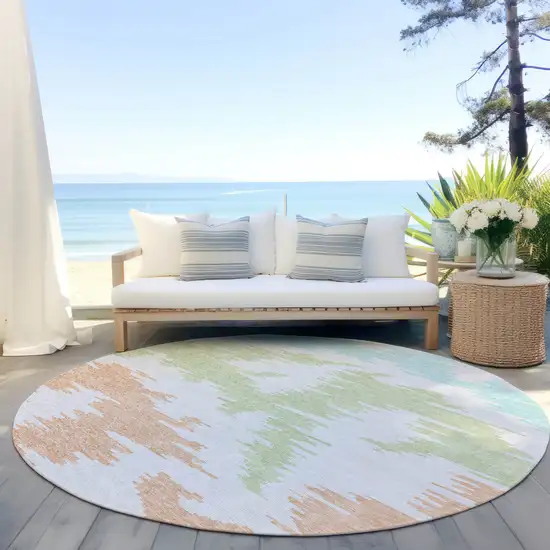 8' White Sky Blue And Artichoke Green Round Abstract Washable Indoor Outdoor Area Rug Photo 7