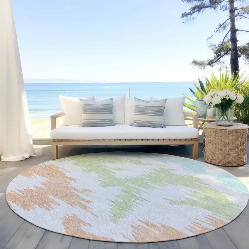 8' White Sky Blue And Artichoke Green Round Abstract Washable Indoor Outdoor Area Rug Photo 7