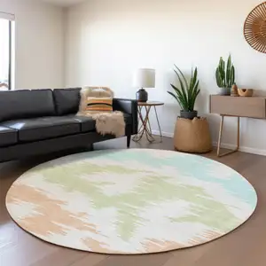 Photo of 8' White Sky Blue And Artichoke Green Round Abstract Washable Indoor Outdoor Area Rug