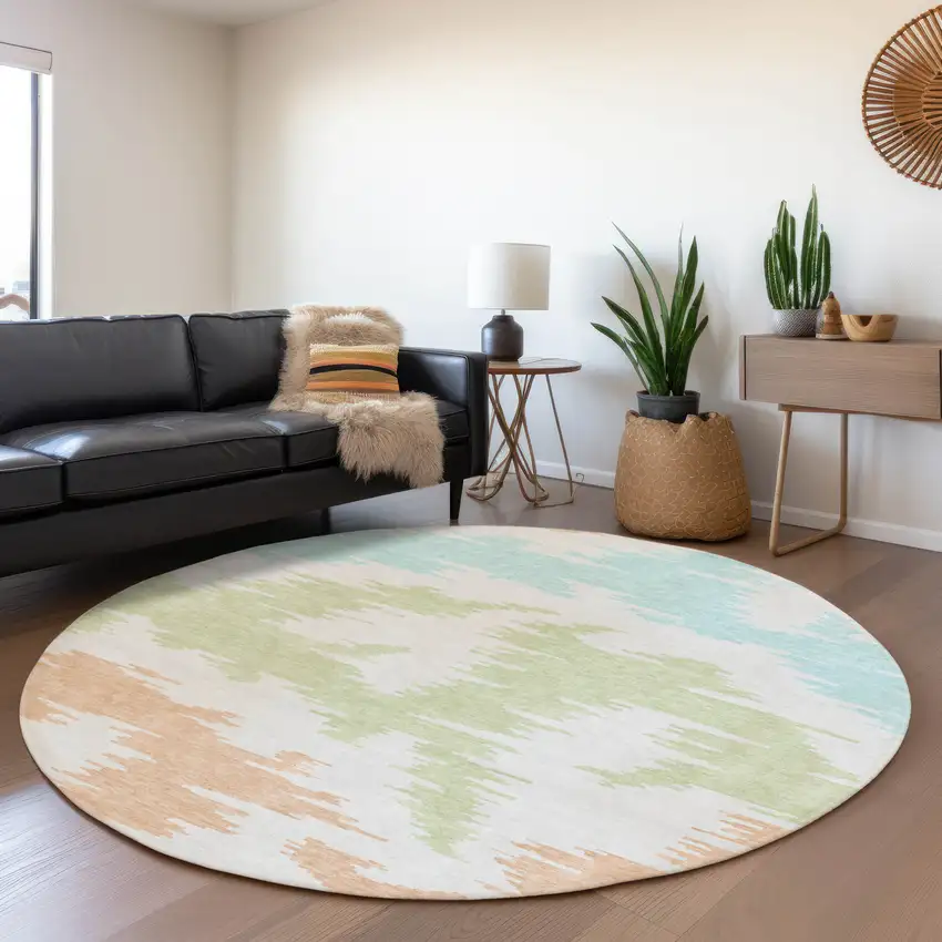 8' White Sky Blue And Artichoke Green Round Abstract Washable Indoor Outdoor Area Rug Photo 8