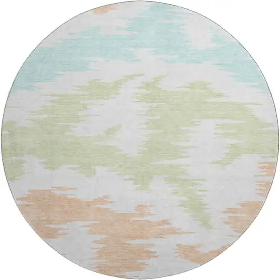 8' White Sky Blue And Peach Abstract Washable Round Rug With UV Protection Photo 1