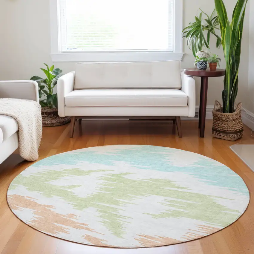 8' White Sky Blue And Peach Abstract Washable Round Rug With UV Protection Photo 4