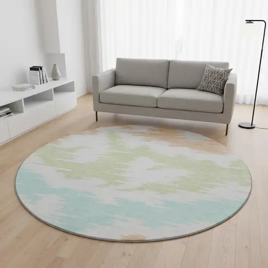 8' White Sky Blue And Peach Abstract Washable Round Rug With UV Protection Photo 2