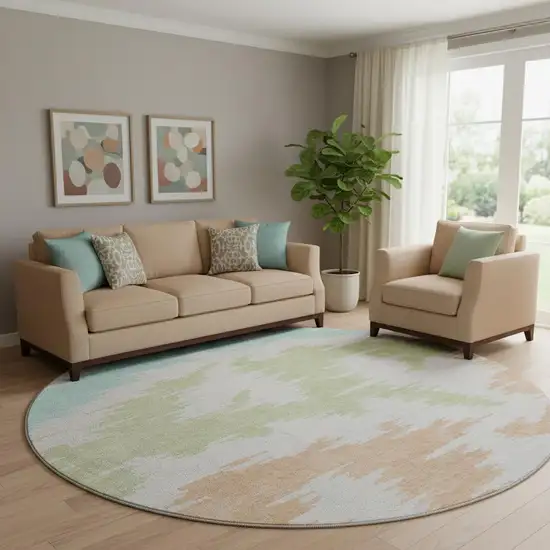 8' White Sky Blue And Peach Abstract Washable Round Rug With UV Protection Photo 1
