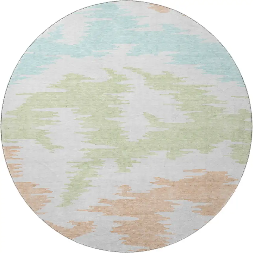 8' White Sky Blue And Peach Abstract Washable Round Rug With UV Protection Photo 3