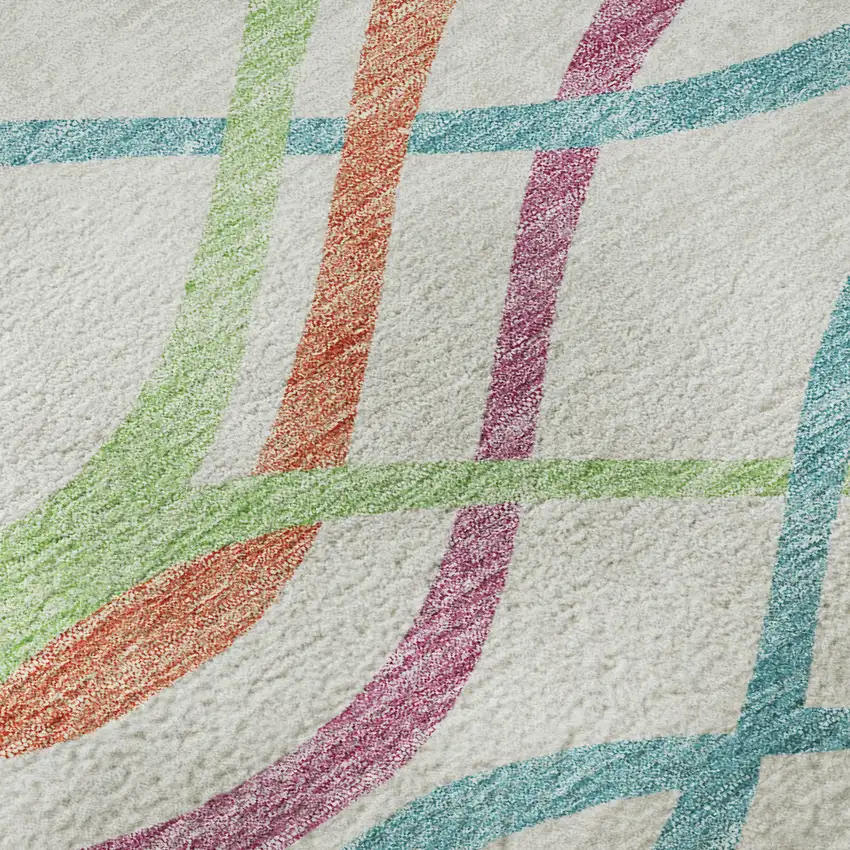 8' White Teal And Green Abstract Washable Round Rug With UV Protection Photo 9