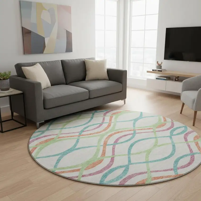 8' White Teal And Green Abstract Washable Round Rug With UV Protection Photo 2