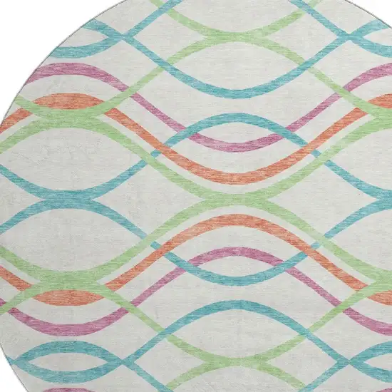 8' White Teal And Green Abstract Washable Round Rug With UV Protection Photo 3