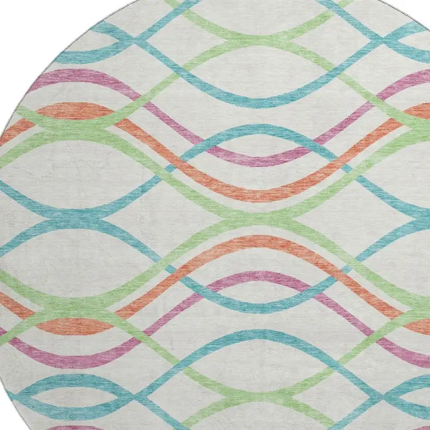 8' White Teal And Green Abstract Washable Round Rug With UV Protection Photo 3