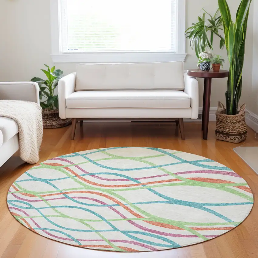 8' White Teal And Green Abstract Washable Round Rug With UV Protection Photo 5