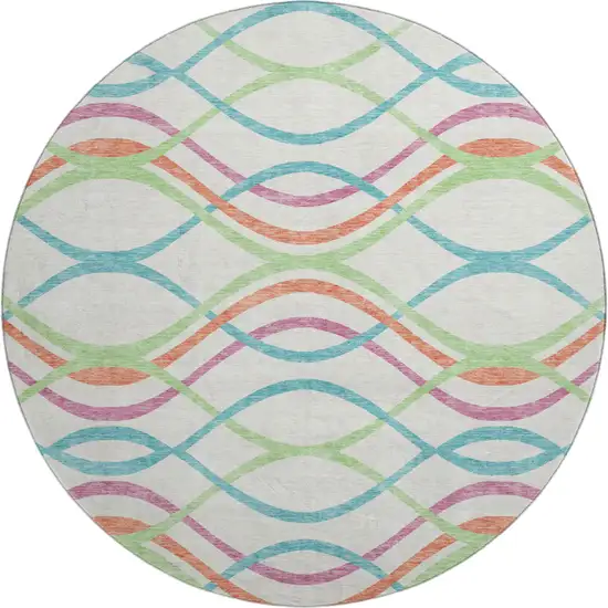 8' White Teal And Green Abstract Washable Round Rug With UV Protection Photo 1