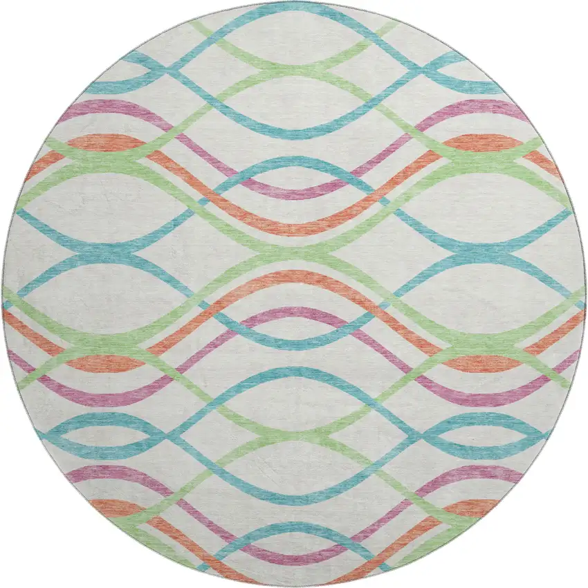 8' White Teal And Green Abstract Washable Round Rug With UV Protection Photo 1