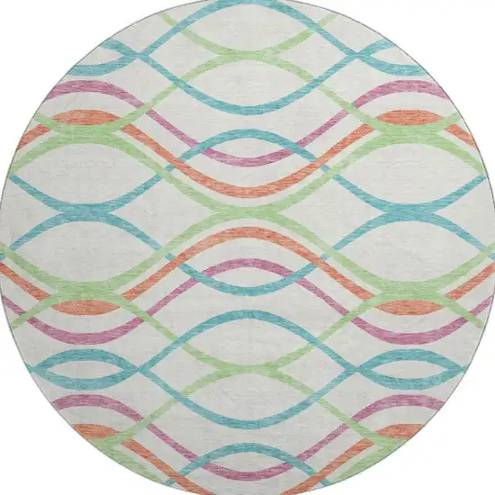 8' White Teal And Green Abstract Washable Round Rug With UV Protection Photo 4