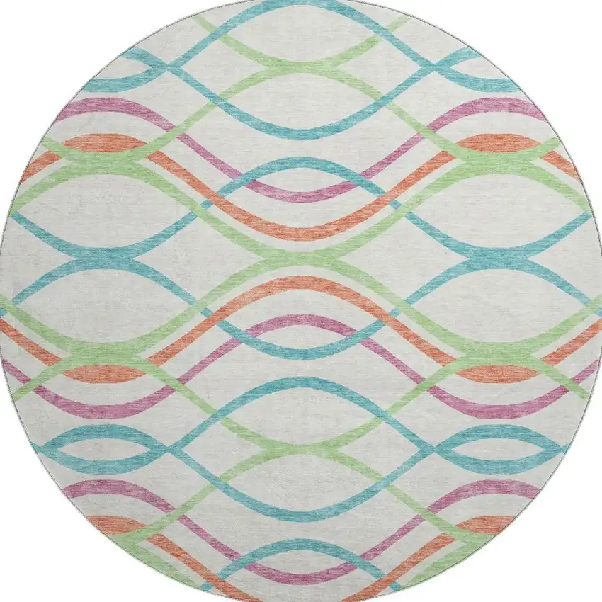 8' White Teal And Green Abstract Washable Round Rug With UV Protection Photo 4