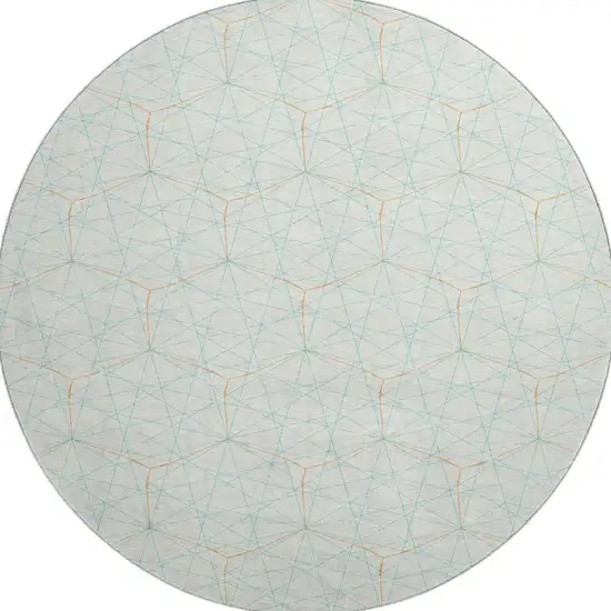 8' White Teal And Orange Geometric Washable Round Rug With UV Protection Photo 3