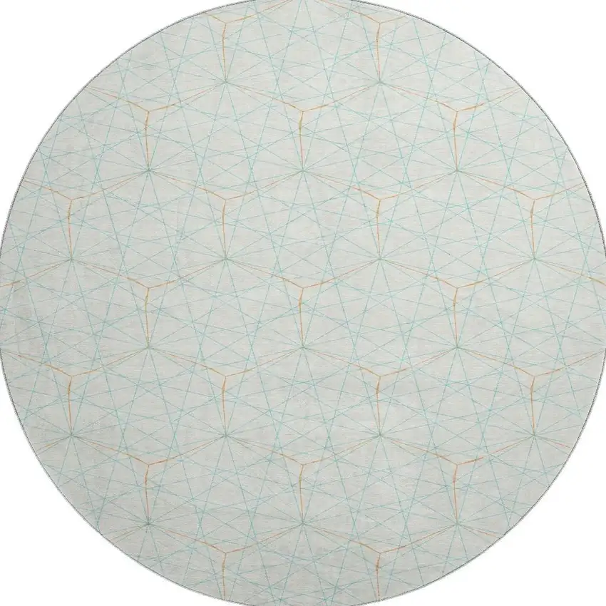8' White Teal And Orange Geometric Washable Round Rug With UV Protection Photo 3