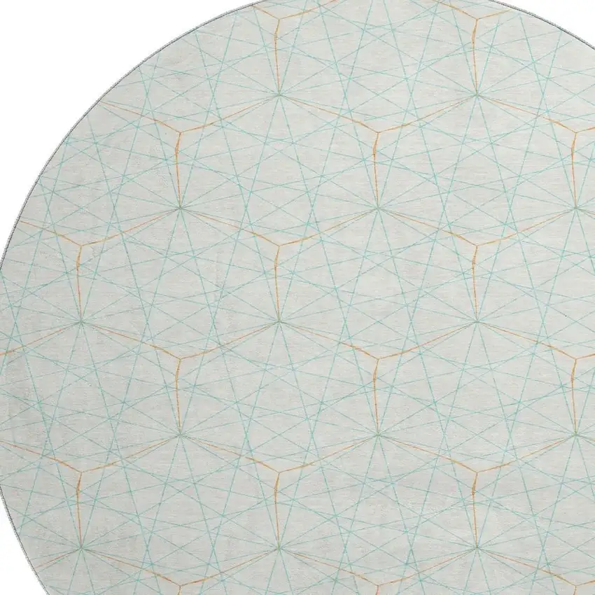 8' White Teal And Orange Geometric Washable Round Rug With UV Protection Photo 2