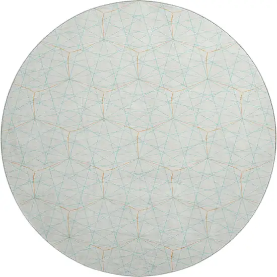 8' White Teal And Orange Geometric Washable Round Rug With UV Protection Photo 1