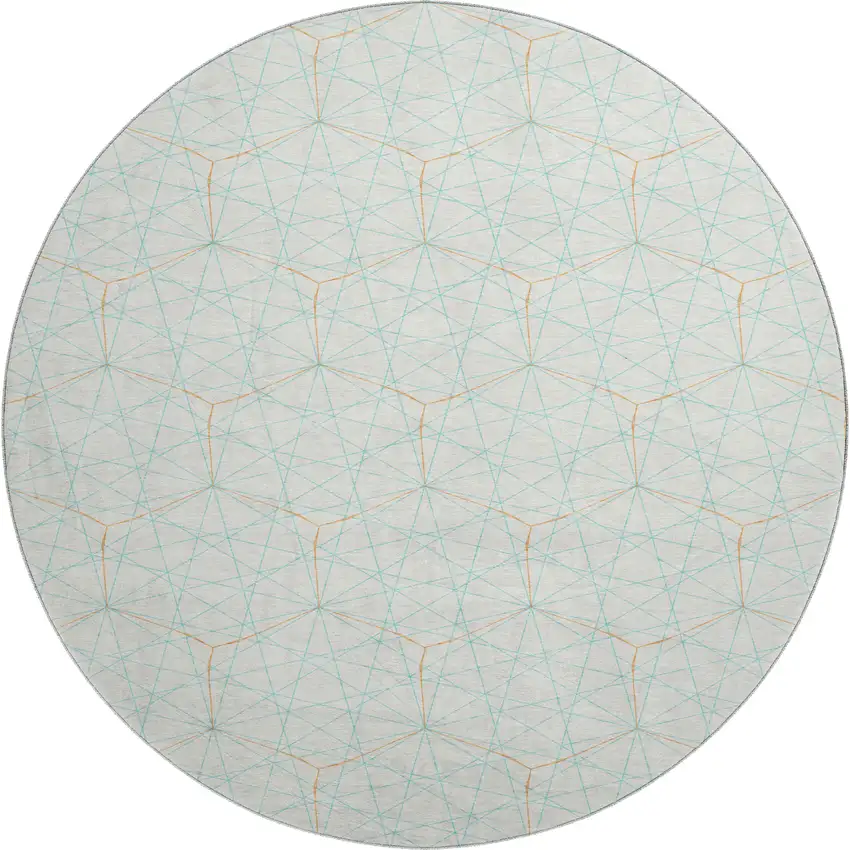 8' White Teal And Orange Geometric Washable Round Rug With UV Protection Photo 1