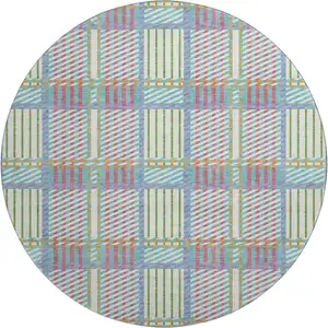 Photo of 8' White Teal And Purple Plaid Washable Round Rug With UV Protection