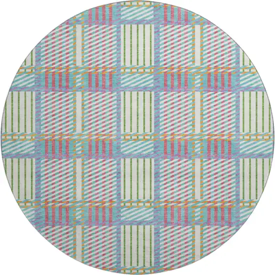 8' White Teal And Purple Plaid Washable Round Rug With UV Protection Photo 1