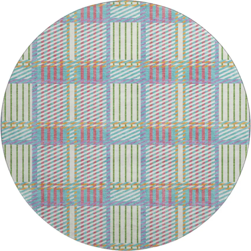8' White Teal And Purple Plaid Washable Round Rug With UV Protection Photo 1