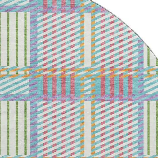 8' White Teal And Purple Plaid Washable Round Rug With UV Protection Photo 2