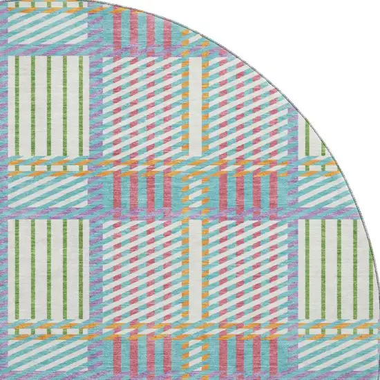 8' White Teal And Purple Plaid Washable Round Rug With UV Protection Photo 4