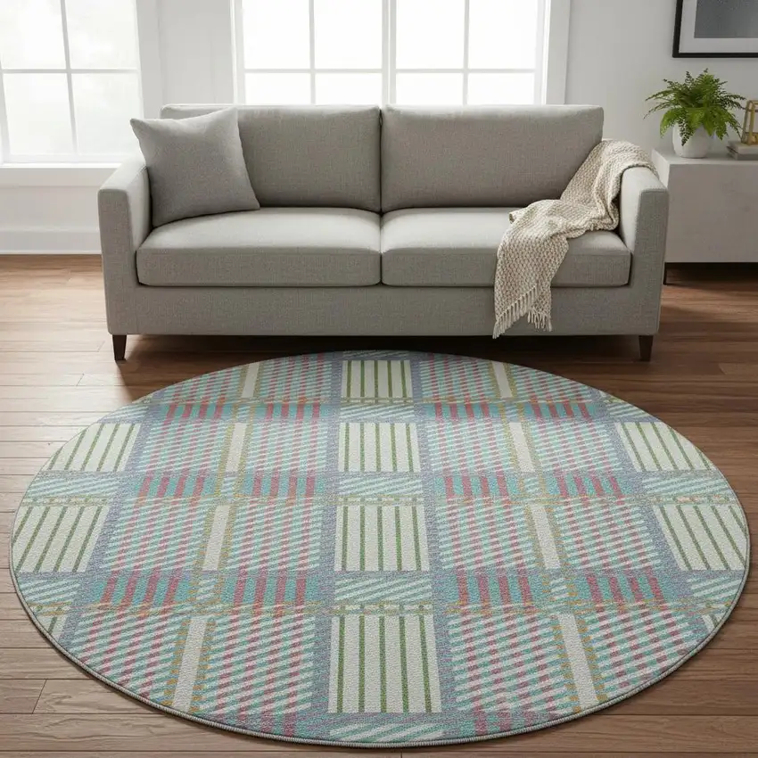 8' White Teal And Purple Plaid Washable Round Rug With UV Protection Photo 2