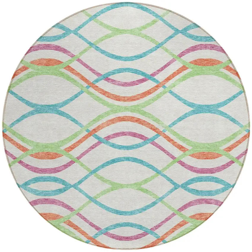 8' White Teal Blue And Lime Green Round Abstract Washable Indoor Outdoor Area Rug Photo 5