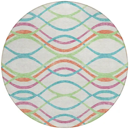 8' White Teal Blue And Lime Green Round Abstract Washable Indoor Outdoor Area Rug Photo 5