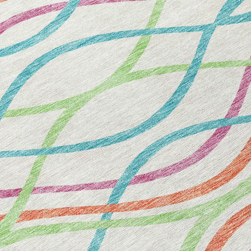 8' White Teal Blue And Lime Green Round Abstract Washable Indoor Outdoor Area Rug Photo 4