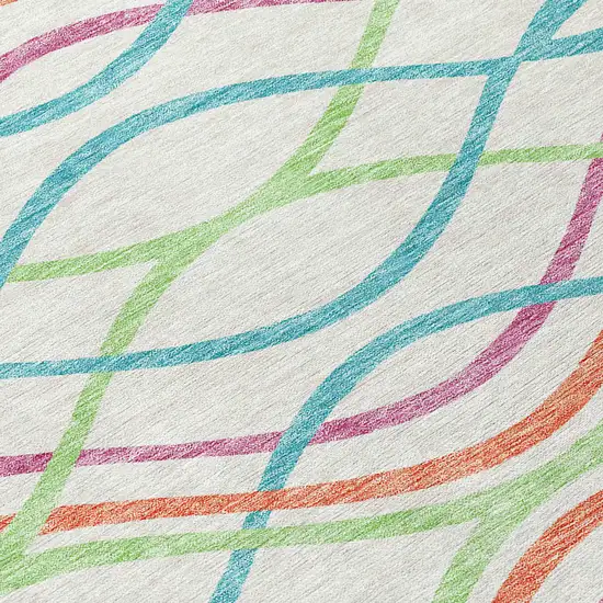 8' White Teal Blue And Lime Green Round Abstract Washable Indoor Outdoor Area Rug Photo 4