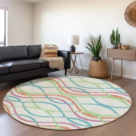 8' White Teal Blue And Lime Green Round Abstract Washable Indoor Outdoor Area Rug Photo 8