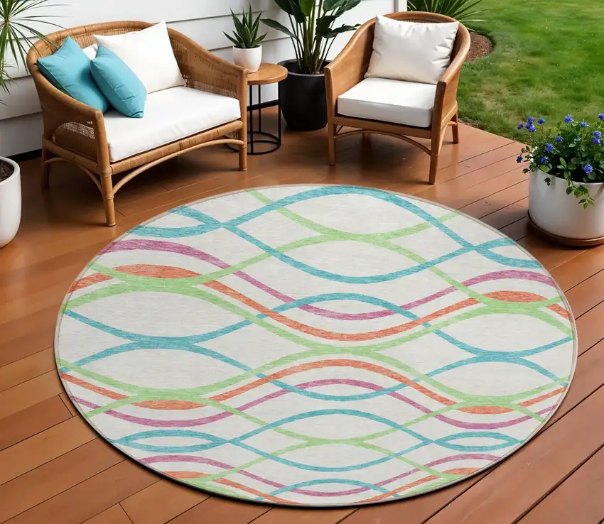 8' White Teal Blue And Lime Green Round Abstract Washable Indoor Outdoor Area Rug Photo 1