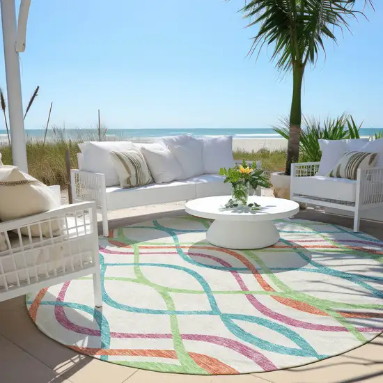 8' White Teal Blue And Lime Green Round Abstract Washable Indoor Outdoor Area Rug Photo 7