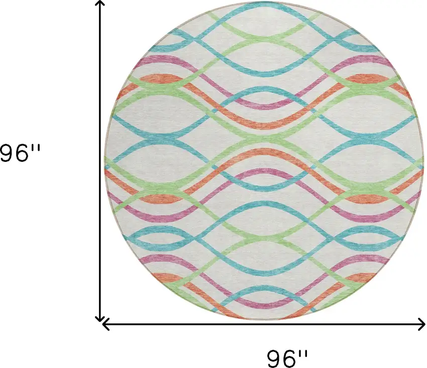 8' White Teal Blue And Lime Green Round Abstract Washable Indoor Outdoor Area Rug Photo 9
