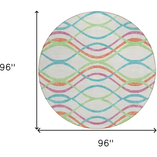 8' White Teal Blue And Lime Green Round Abstract Washable Indoor Outdoor Area Rug Photo 9