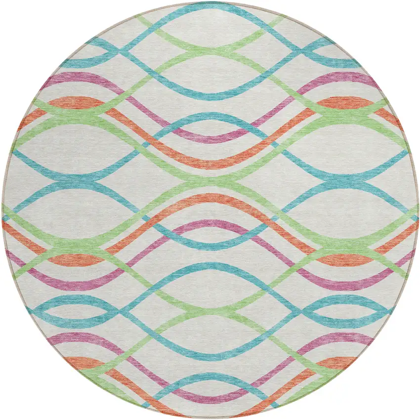 8' White Teal Blue And Lime Green Round Abstract Washable Indoor Outdoor Area Rug Photo 1