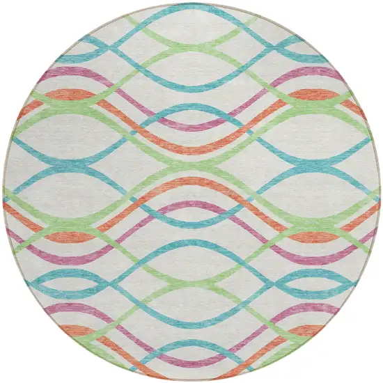 8' White Teal Blue And Lime Green Round Abstract Washable Indoor Outdoor Area Rug Photo 1