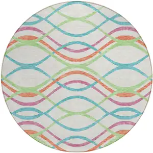 Photo of 8' White Teal Blue And Lime Green Round Abstract Washable Indoor Outdoor Area Rug