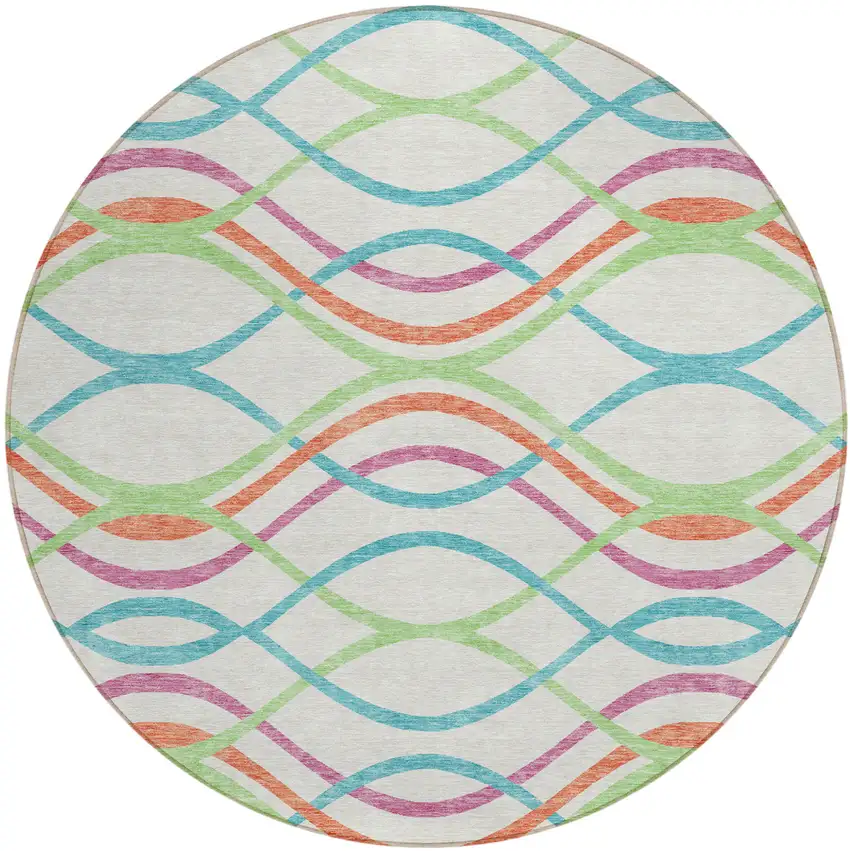 8' White Teal Blue And Lime Green Round Abstract Washable Indoor Outdoor Area Rug Photo 1