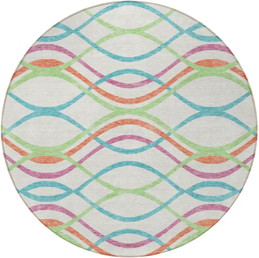 8' White Teal Blue And Lime Green Round Abstract Washable Indoor Outdoor Area Rug Photo 6