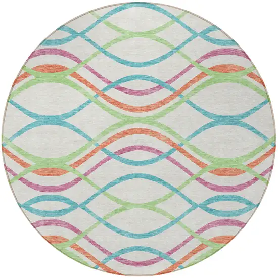 8' White Teal Blue And Lime Green Round Abstract Washable Indoor Outdoor Area Rug Photo 6
