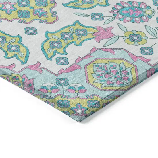 8' White Teal Blue And Pink Round Medallion Washable Indoor Outdoor Area Rug Photo 7